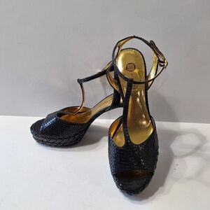 Audrey Brooke Black Yesenie Leather Snake T-Strap Platform Stiletto Heels 8.5